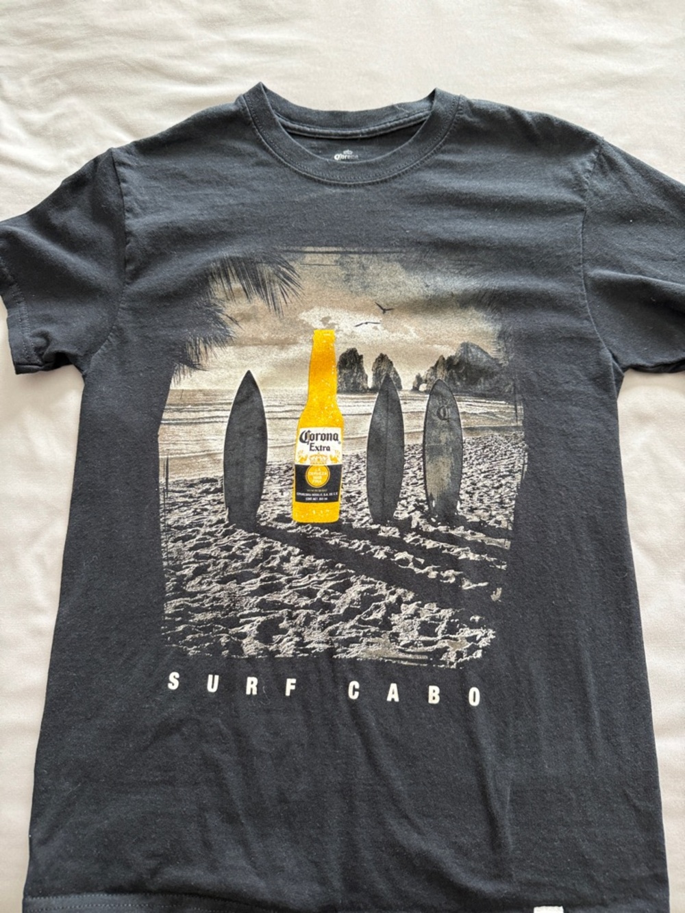 Corona Black Tee with Yellow Bottle Surf Graphic